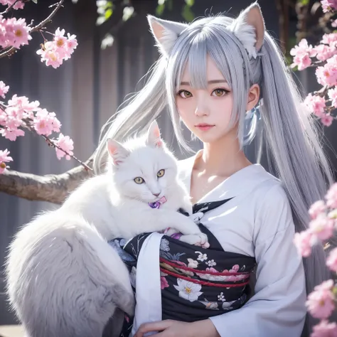 Anime girl with white hair, cat ears and flowers in hair, White fox, Gray-haired deity, shikamimi, Cute anime cat girl, onmyoji portrait, Gray-haired, Ayaka Genshin Impact, Shirabii, Beautiful anime cat girl, Cute Anime Girl Portrait, Detailed fan art, Spl...