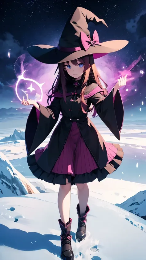 anime witch character with witch hat and black and magenta outfit, 1girl, magic circle, hat, solo, long hair, witch hat, blue eyes, wide sleeves, brown hair