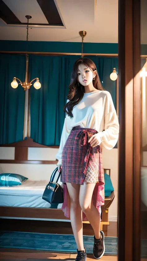 FULL BODY KOREAN teen MODELS WHO ARE WEARING THE , BRIMMING ABOUT HER face ON THE WHOLE BODY, SHOWING OFF THEIR LONG LEGS AND LUXURIOUS JEWEL, photojournalism, shot on 44mm lens, ultra - wide angle, unreal engine, cinematic, color grading, editorial photog...