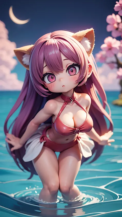 woman, (Chibi Character:1.5、２Head to Body:1.5、Big Head:1.2),Swimwear,Water Play、 complicated, elegant, Very detailed, Digital Painting, artステーション, コンセプトart, Smooth,figure, art, Beautiful and bright lighting、Red Moon、moonlight、Ocean、jungle、Deformed characte...