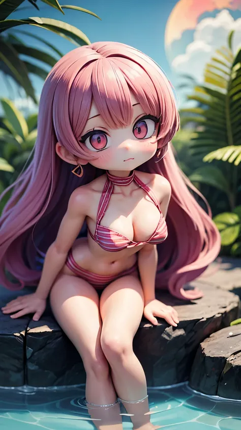 woman, (Chibi Character:1.5、２Head to Body:1.5、Big Head:1.2),Swimwear,Water Play、 complicated, elegant, Very detailed, Digital Painting, artステーション, コンセプトart, Smooth,figure, art, Beautiful and bright lighting、Red Moon、moonlight、Ocean、jungle、Deformed characte...