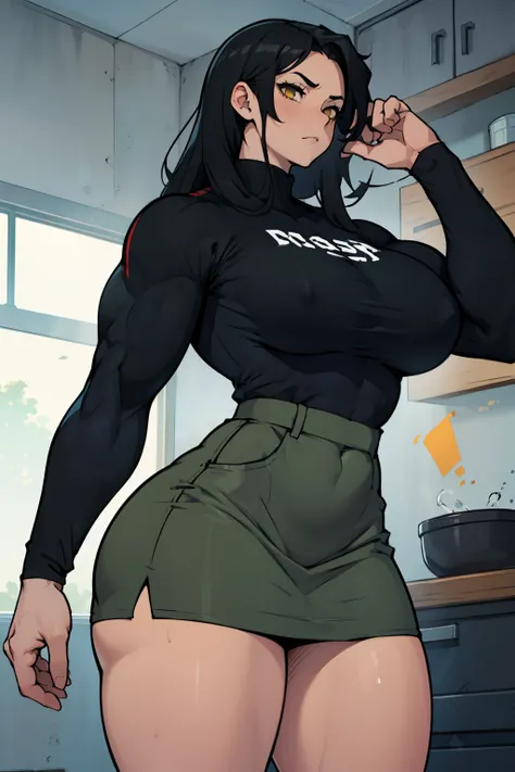 huge muscles huge breasts huge thighs pale skin black hair yellow eyes very long hair muscular girl sad expressionless plated skirt long sleeve tight t-shirt