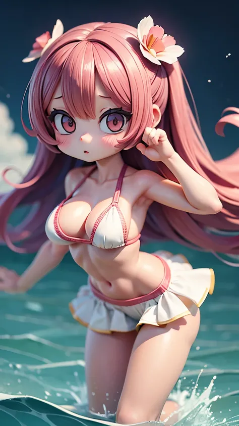 woman, (Chibi Character:1.5、２Head to Body:1.5、Big Head:1.2),Swimwear,Bathing、 complicated, elegant, Very detailed, Digital Painting, artステーション, コンセプトart, Awards、Smooth,figure, art, Beautiful and bright lighting、Red Moon、moonlight、Ocean、cute、Super big breas...