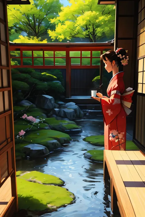 A girl wearing a kimono is preparing tea on a tatami mat in a Japanese room. She is 21 years old with double eyelids and her dark brown hair is styled in an updo. Her serious profile as she prepares tea is striking. Outside the window, a beautiful Japanese...