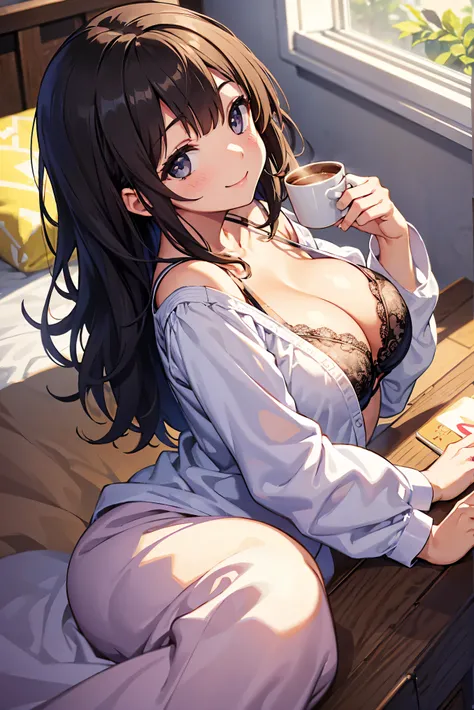 1girl, morning, hold a coffee mug, from side, cute smile, sleep wear, cleavage, window, bra, comfy