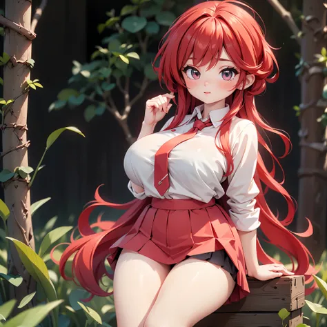 1 only, the best quality, A red-haired girl with huge breasts, sitting, slender, black  with red tie, deep neckline, exposed navel, miniskirt, eyes visible through hair, photo shoot, big thighs, tight tape on thighs, nipple exposed