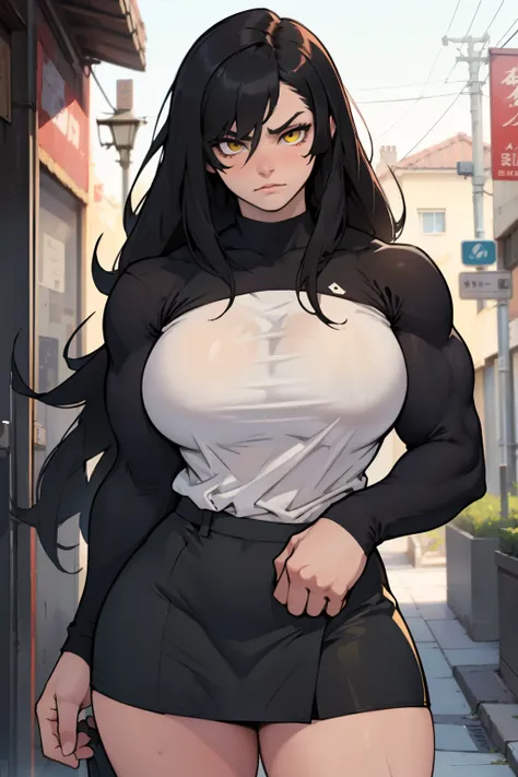 huge muscles huge breasts huge thighs pale skin black hair yellow eyes very long hair muscular girl sad expressionless plated skirt long sleeve tight t-shirt