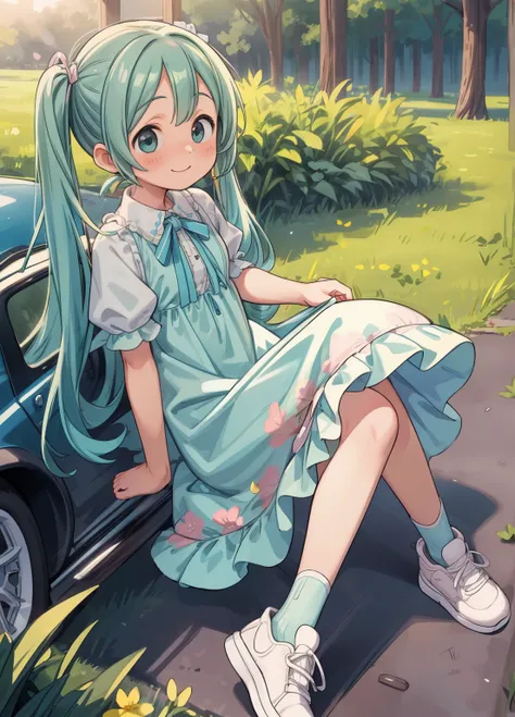 (masterpiece、Highest quality、Highest quality、Official Art、Beautiful and beautiful:1.2)、(One girl:1.3)Hatsune Miku、Twin tails,Beautiful breasts,Octane Rendering、(Hyper Detail: 1.15)、(Soft Light、sharp: 1.2)、evening、Beautiful sunset，In the parking lot of a co...