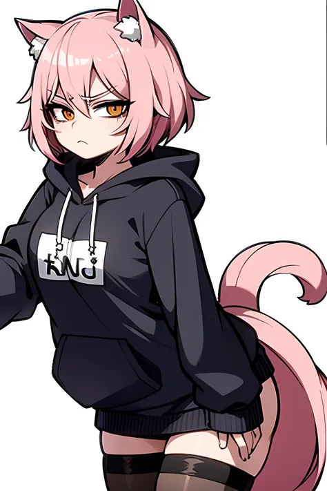 catgirl, hoodie, tired looking, looking at camera simple background, pink hair