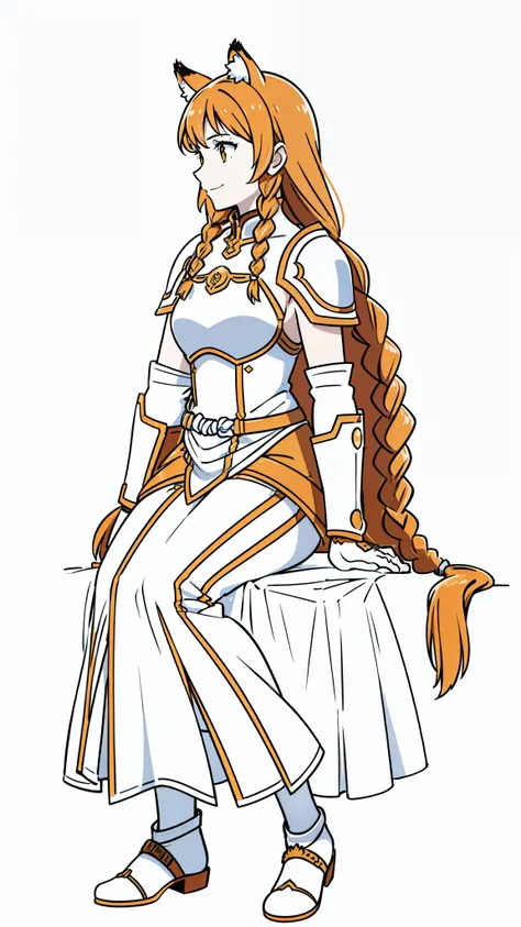 (1girl,20 years old,mature female,solo),tiger ears,long hair,(twin braids),orange hair,white knight armor,(white background,line drawing),smile,sitting,profile, looking away,full body