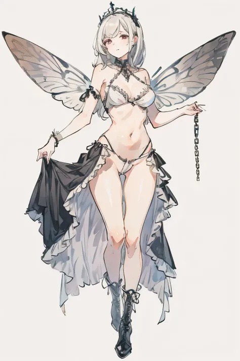  ((best quality)), ((masterpiece)), (detailed), 1girl, Character design, NSFW, long white grey hair, grey white eyes, very skinny, detailed, best quality, prominent collarbones, skinny arms, flat stomach, visible hip bones, small breasts, full body, blank ...