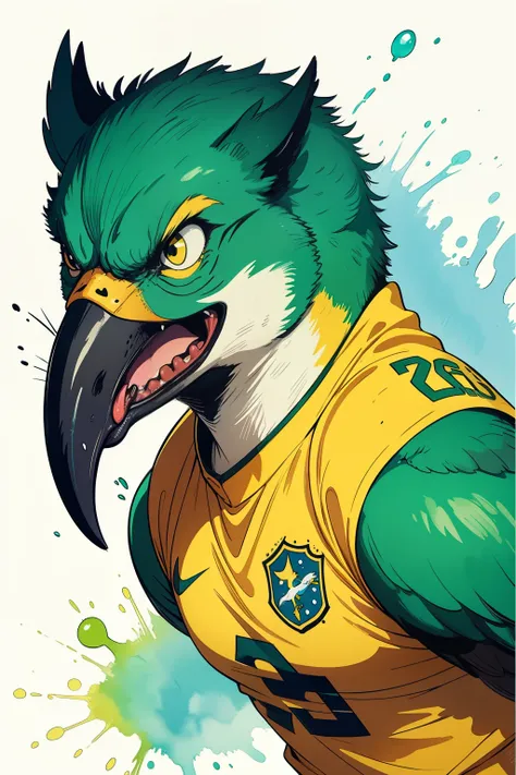 brazil, Canary, young bird, bird with angry face, strong bird, Brazilian football mascot, green and yellow uniform, pop art, green and yellow watercolor, drawning, caricature