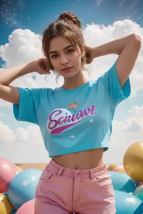 Imagine a stunning, high-quality 3D rendering that highlights the minimalist design of a t-shirt. The name "ALONDRA" shines in a cheerful, anime-inspired font, in perfect harmony with its unique style. The design is enriched by a lively explosion of colour...