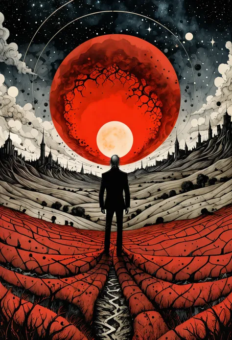 in style of Santiago Caruso,Linear delusion, Collage art：A man standing in a field，Behind me is a huge red sun，Fantasy Art, galaxy,illustration, Vector