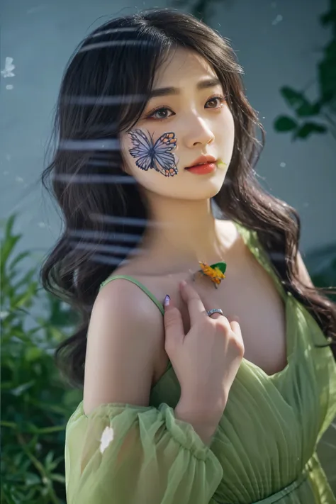 araffe woman with a butterfly on her nose and a green dress, korean artist, with beautiful wings, photo taken with nikon d 7 5 0, photo taken with nikon d750, captured on canon eos r 6, harmony of butterfly, taejune kim, taken with canon eos 5 d mark iv, f...