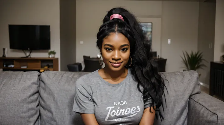 a selfie of a 35 years old black woman black youtuber , sitting in her livingroom,   wearing a sexy cropped top, long afro hair, a woman with a tiger headband on , is smiling and wearing a sexy gray shirt huge tits, wig, wearing a headband,  long black hai...