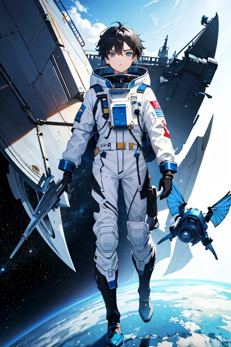 Prompt: (masterpiece), best quality, expressive eyes, perfect face,(((boy))),black hair,blue eyes, fleet, flying ship, space suit, spaceship, full body, look up, characters from the ground,