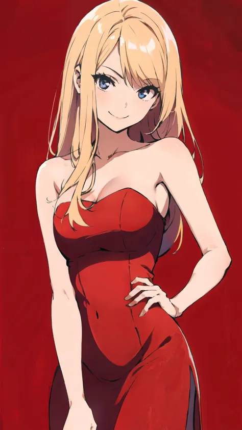 solo, 1girl, strapless, red midi dress, simple background, seductive smile, middle breasts, middle hair, blonde