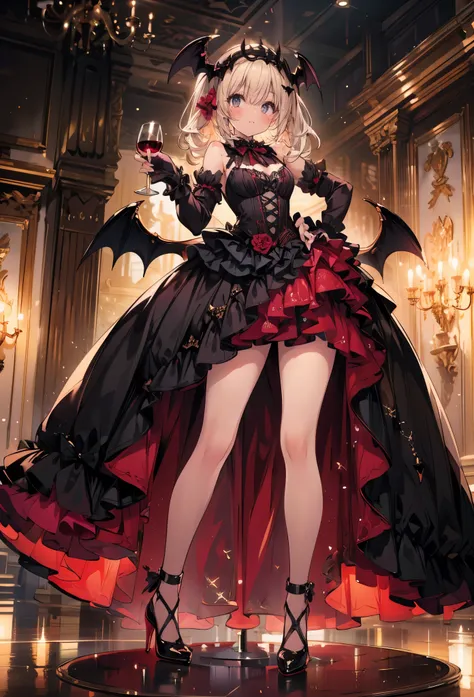 masterpiece, best quality, high resolution, extremely detailed CG, absurdres, highres, 1girl, solo, a vampire girl in  gothic costume, stands near a round table with a brandy glass filled with red wine, bat_wings on head, heels, frills, luxury hall, Colorf...