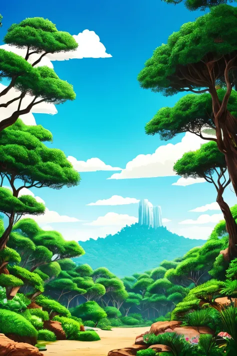  Background/paisaje. enchanted forest. Camera angle from bottom to top. Green sky. Alguns cogumelos na paisaje, rock formations in the background. exotic plants. Mokushiroku no Yonkishi style. Studio Telecoom Animation.