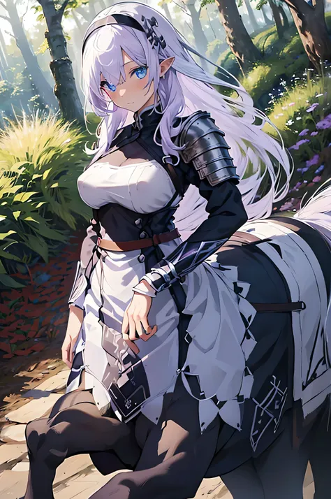 4K,High resolution,One Woman,centaur,White purple hair,long hair,blue eyes,knight,Black Armor,Heavy Armor,Full Armor,White knight outfit,hair band,Long sword,Village in the forest