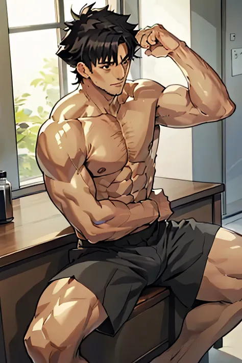 Kiritsugu is sitting and flexing his buff biceps and thighs. He wears black short boxershorts. You can see his thighs completely. He is shirtless. He is showing his abs too. He is admiring his arms. He has a huge bulge.