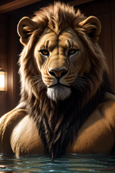 a massive lion, extremely realistic male werelion with a long, long flowing blond mane, extremely detailed and realistic eyes, a very very very very obese body with a very very very fat belly, very very very big belly, transparent long fur covering his ver...