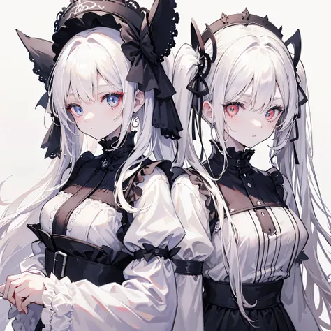 two girls, red eyes and beige hair, blue eyes and white hair, twin tails, long hair, monochrome gothic fashion, white roses, whi...