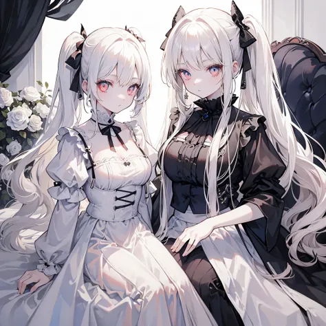 Two girls, red eyes and beige hair, blue eyes and white hair, twin tails, long hair, monochrome gothic fashion, white roses, white background,
