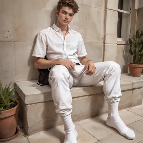 Young white-skinned Spanish male wearing white socks