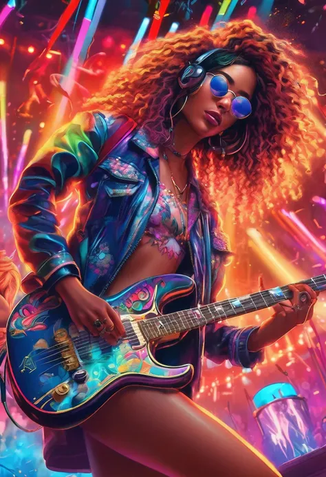 a music festival,1girl,standing on stage,playing an electric guitar,surrounded by a large crowd,colorful lights,smoke machine,rock music,high energy,vibrant atmosphere,detailed facial features,beautiful detailed eyes,beautiful detailed lips,extremely detai...