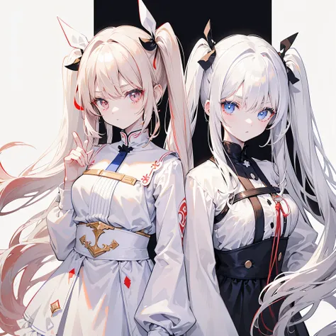 Two girls, red eyes and beige hair, blue eyes and white hair, twin tails, long hair, monochrome android, white background