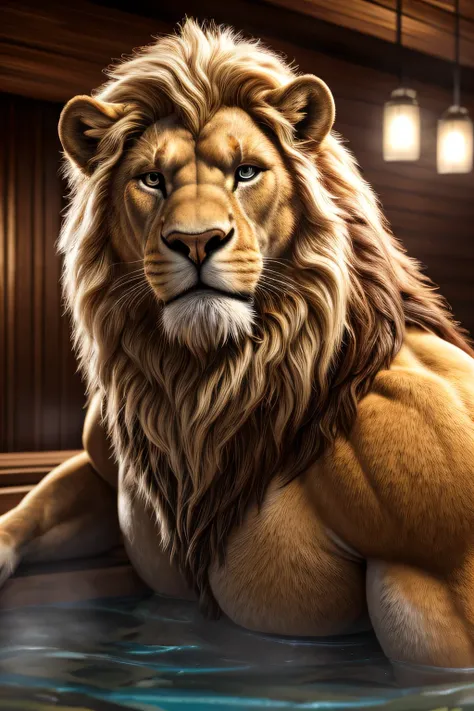 a massive lion, extremely realistic male werelion, realistic feral paws, long flowing blond mane, extremely detailed and realistic eyes, very obese body, very big belly, transparent long fur, tight jockstrap, room with Jacuzzi and sauna, face portrait, fac...