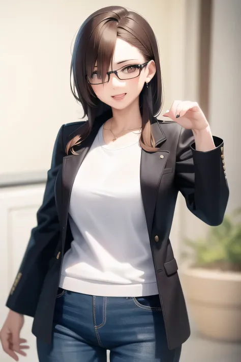 anime style, ....3d, 27-year-old woman with shoulder-length brown hair., brown eyes and wearing glasses, showcasing a bold rock ...