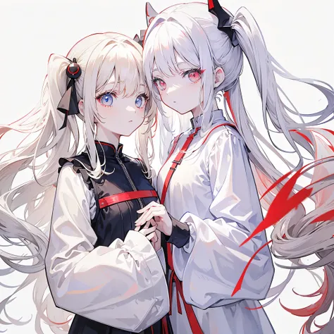 Two girls, red eyes and beige hair, blue eyes and white hair, twin tails, long hair, monochrome android, white background