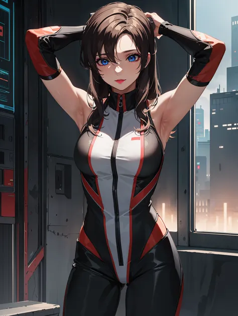 bangs,brown_hair, long_hair,red eyes,lipstick,makeup,
break ((official outfit:1.5)), 
break cyberpunk_cityview, before window, s...