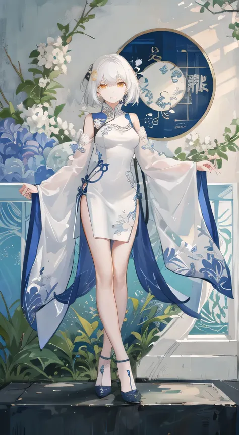 girl,full body,(detailed face:1.2), masterpiece, fashion,chinese dress,, short hair, white hair, blunt bangs, yellow eyes,