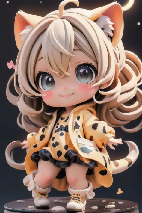 cute chibi girl smiling wearing a (cheetah kigurumi), action pose, dynamic angle, background african savanna at night, starry sky, moon