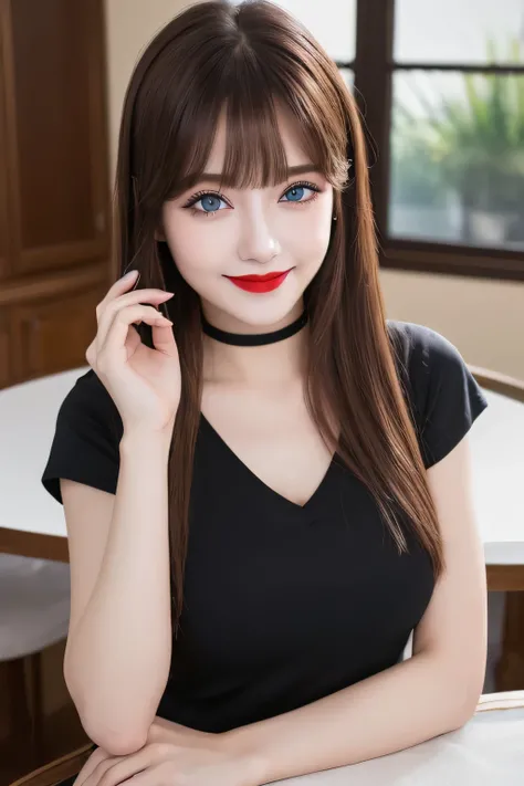 (Highest quality, 8K, Tabletop, Ultra HD: 1.3), V-neck T-shirt, 20-year-old、smile, Black Choker, blue eyes, Red lipstick, Very long eyelashes, Busty Family, Noble, bangs, brown hair and straight long hair, President&#39;s office, ((Tabletop)), Tie your hai...