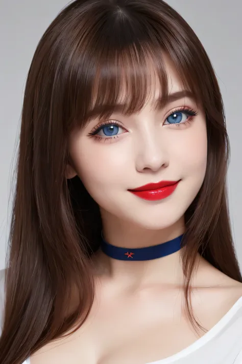 (Highest quality, 8K, Tabletop, Ultra HD: 1.3), V-neck T-shirt, 20-year-old、smile, Black Choker, Blue Eyes, Red lipstick, Very long eyelashes, Cleavage, Noble, bangs, brown hair and straight long hair, President&#39;s office, ((whole body)), Tie your hair ...