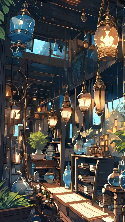 (masterpiece:1.2), best quality,Pixif, Night view, landscape, No humans, window, plant, potted plant, indoors, shelf, Wooden floor, lanthanum, lamp, Book, Bookshelf, Vague, table, bottle, Book写界限的深度, Chair, cup, fantasy, bucket, ladder、bell、柱bell、鳩bell、bel...