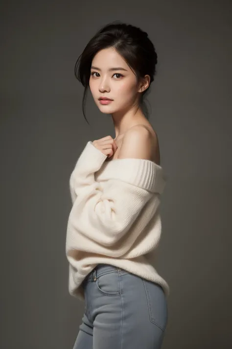 asian lady, She is wearing a soft white sweater relaxed neckline that casually ((drapes off one shoulder)), exposing slender shoulders with black bra trap, highlighted by the rays of light creating a radiant effect on her skin. , mid-shot , light rays, war...