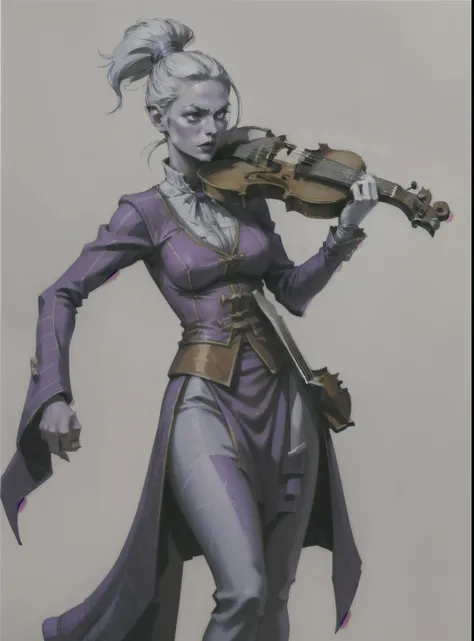 I want a character on a white background, png, de corpo todo, with pointy shoes, A feminine woman bard playing the violin and wearing purple jester clothes, add legs