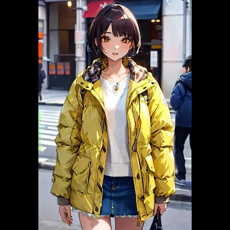 A woman in her fifties walking down the street wearing a yellow jacket and denim skirt, Street fashion in Japanese cities, Japanese street fashion, Short hair, Tokyo Fashion, cool Japanese street fashion, Street fashion, She wears streetwear, Short coat, J...