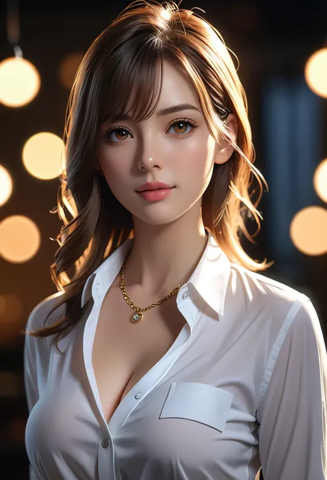 best quality, masterpiece, High resolution, a girl, Mens white collar shirt, necklace, jewelry, pretty face, big breasts, more than_Body, Tyndall effect, lifelike, dark studio, edge lighting, two-tone lighting, (HD skin: 1.2), 8K Ultra HD, SLR camera, soft...