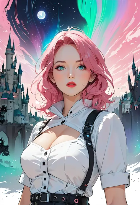 middle-aged girl,long pink hair, reddish-pink lips,In a bright white shirt,Pastel palette in aurora punk style,anime illustration of her face,Animated GIFs,Hand-drawn animation,Fascinating sketch,smooth and shiny,Foggy romanticism,Super flat style, univers...