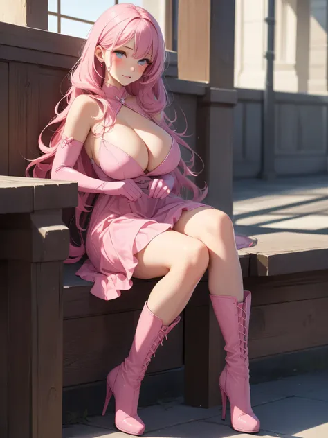 Full body, beatiful eyes, blush, cute face, realistic, 8k, best quality, masterpiece, high resolution, (1 cute woman, solo: 1.1), very big breasts, long pink hair, pink dress, pink elbow gloves, pink high heel boots, naked shoulders