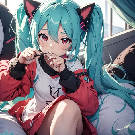 hatsune miku, pijama, cat ears, sucking fingers, red eyes