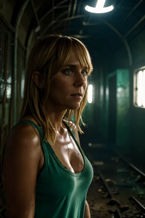 Blonde terrified cleavage Kristen Wiig wearing a jungle-green shirt and tank top n creepy blue lighting in abandoned sci fi lab tunnel, muddy ground, nighttime, clear white skin, wet and muddy, scratches everywhere, face dirty photography, natural light, p...