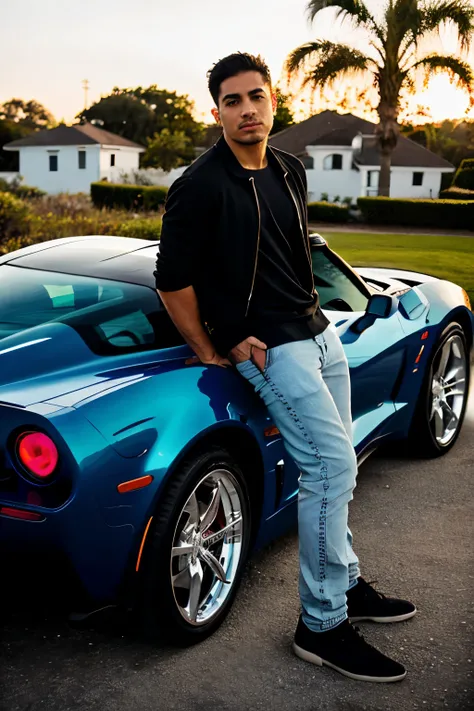 a casual black haired latino guy standing next to a blue corvette, at sunset and seeing the back